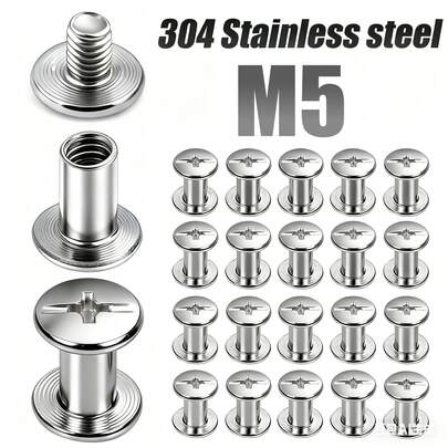 20pcs Round Flat Chicago Rivet Set, M5x4/6/8/10/12/14mm, 304 Stainless Steel, Suitable For Leather, Buttons, Earrings, Leather Rivets, Chicago Screws, DIY Clothing, Shoes, Belts, Bags