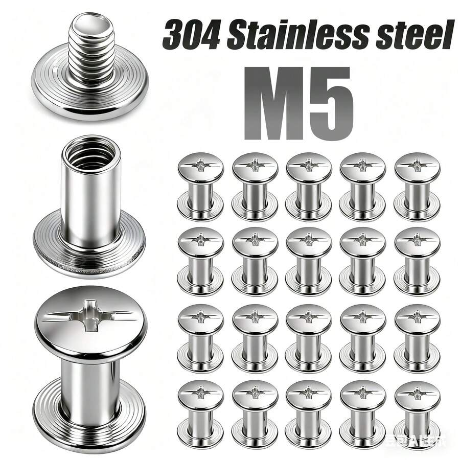 20pcs Round Flat Chicago Rivet Set, M5x4/6/8/10/12/14mm, 304 Stainless Steel, Suitable For Leather, Buttons, Earrings, Leather Rivets, Chicago Screws, DIY Clothing, Shoes, Belts, Bags - Silver - View 1