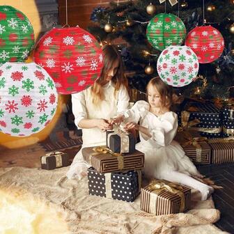 3 件套雪花纸挂纸灯笼圣诞纸灯笼彩色雪花卡通印花家居装饰