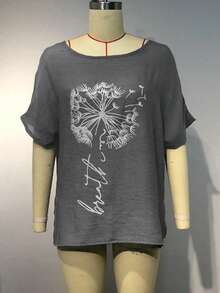 Casual Vacation Style Woven Texture Round Neck Dandelion Print Loose Short Sleeve Women Blouse, Spring/Summer