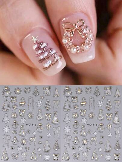 浮雕烫金圣诞树美甲贴纸 2 片装 5D 闪光雪花雪人圣诞丝带蝴蝶结星星铃铛自粘闪亮美甲装饰美甲用品 节日美甲 DIY 美甲