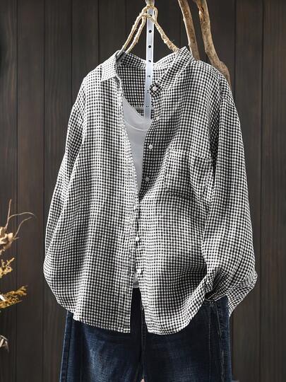 Plusstorlek rutig skjorta med knappar framtill, nedsänkt axel, långärmad, vävd skjorta med fickor