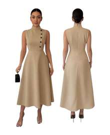 Women's Elegant Evangelical Sleeveless Midi Dress, High Neck With Side Buttons, Chic Tailoring, Casual And Party Wedding Dress - 卡其色 - 查看 6