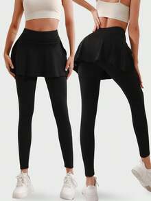 High-Rise Warm Yoga Leggings. Fleece-Lined And Warm. Casual Daily Yoga.   Specifically For Active Women, These High-Waisted Fleece-Lined Yoga Skort Pants Feature A Hidden Pocket For Daily Essentials. They Are Yoga Practice, Running, And Everyday Wear. - 黑色 - 查看 4