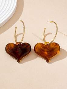 1 Paar modische große transparente bernsteinfarbene Herz-Anhänger Ohrringe, elegant für Damen Alltags-Outfits im Herbst/Winter