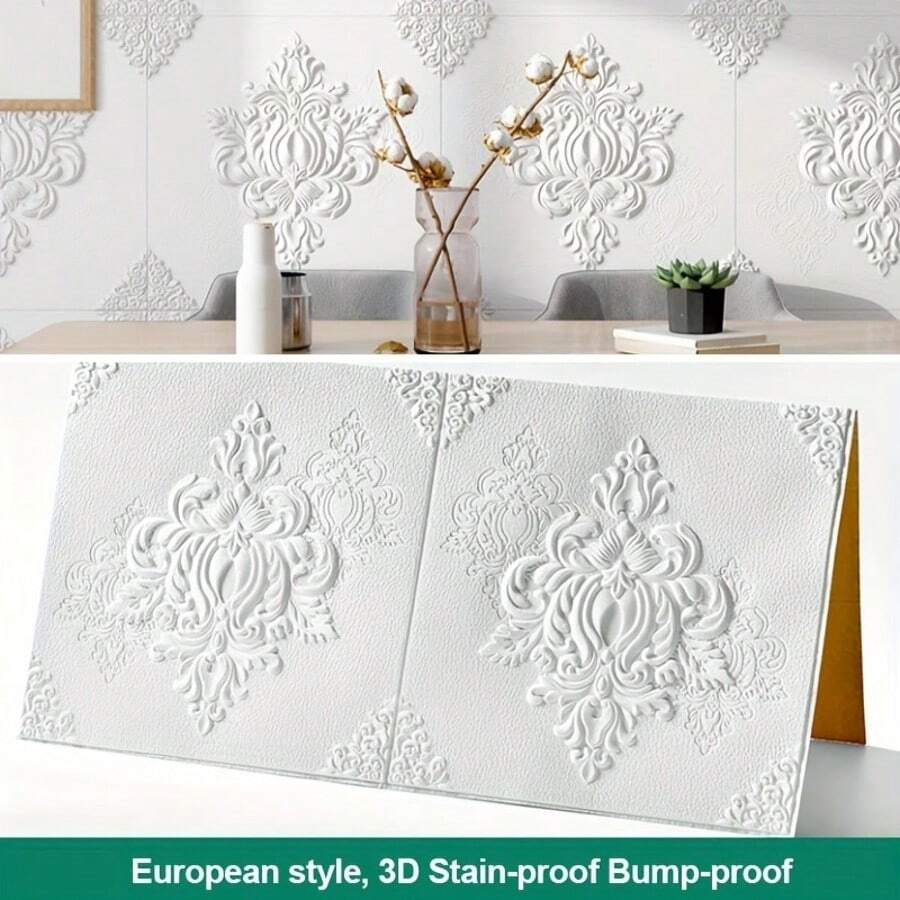 20pcs European Floral 3D Vinyl Wall Stickers - Peel And Stick, Self-Adhesive Panels For Living Room, Bathroom, Kitchen, Bedroom Decor, White Embossed Design, Easy To Install, Adds Elegance To Home Walls, Wall Stickers Home Decor