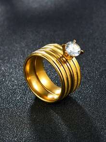 1 对不锈钢情侣戒指，简约线条设计，男女皆宜 - 金黃色 - 查看 8