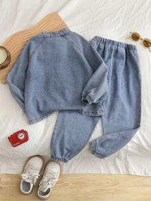2pcs/Set Pakaian Anak Laki-Laki Musim Semi/Gugur Atasan Patchwork Setengah Resleting & Celana Jeans Pinggang Elastis - MultiWarna - View 2