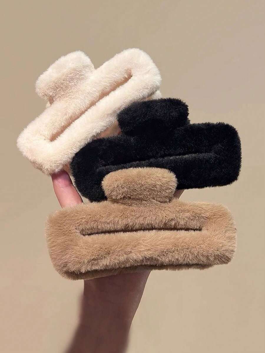 3个大号毛绒爪夹，优雅简约舒适发夹，柔软舒适的方形发夹，时尚发饰，冬季发饰，夏季海滩度假必备 - 3PCS方夾 - 查看 1