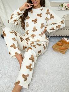 2pcs Women's Winter Pajama Set, Flannel Warm Fluffy Pajamas With Cute Bear Pattern, Minimalist & Fashionable Sleepwear, Fall Clothes