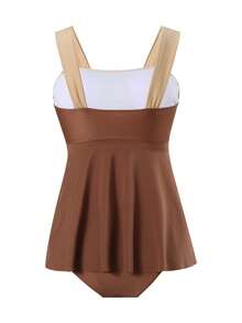 Modisches Tankini-Badeanzug-Set in Beige und Dunkelbraun - Rüschen-Träger-Top + Hoch taillierte Unterteile | Klassisches Color-Blocking-Design und 3D-Sommer - Braun - Übersicht 4
