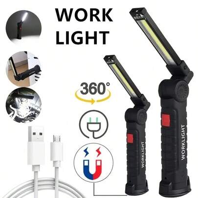 Đèn làm việc LED có thể gập lại 4 chế độ, đèn pin COB sạc qua USB, xoay 360°, đèn khẩn cấp an toàn di động có đế từ tính và móc treo, thích hợp để đọc sách, làm việc, khẩn cấp, gia đình, nhà kho, cắm trại ngoài trời, đèn sửa chữa