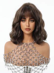 12 INCH Linen Black Brown Short Wavy Hair Synthetic Heat-Resistant Wig Women's Wigs With Bangs Are Ideal For Everyday And Party Cosplay Use - 深棕色 - 查看 3