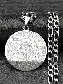 Mysticism - Style Round Stainless Steel Pendant Engraved With Runes And Angel Names, Matched With Cuban Chain In Silvery Color, Mysterious - Style Fashion Jewelry For Men - Necklace - View 1