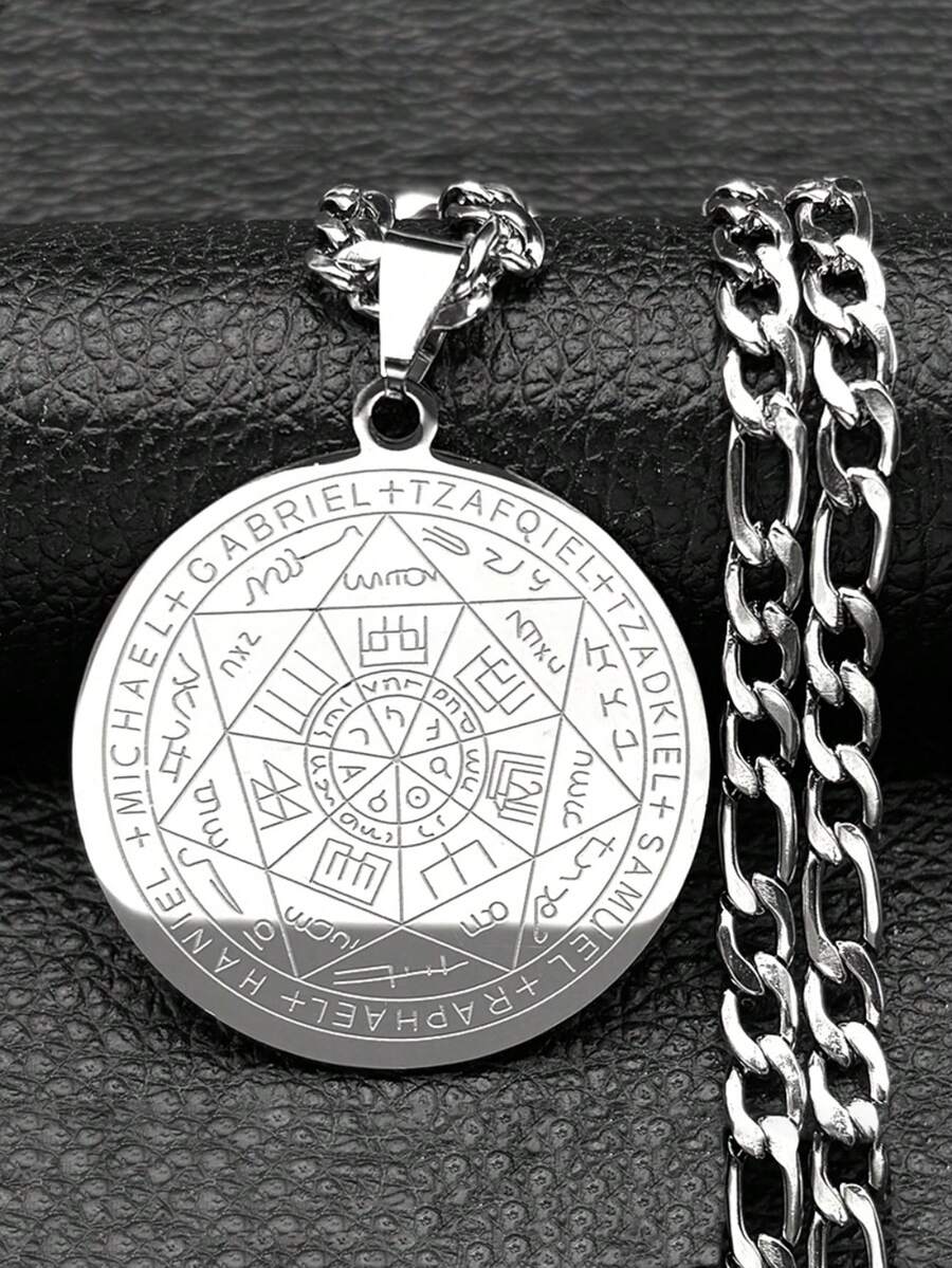 Mysticism - Style Round Stainless Steel Pendant Engraved With Runes And Angel Names, Matched With Cuban Chain In Silvery Color, Mysterious - Style Fashion Jewelry For Men - Necklace - View 1