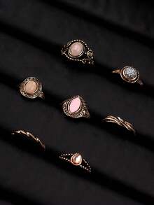 7pcs/Set Vintage Unique Luxurious Old Money Style Exquisite Bohemian Antique Gold Colored Gemstone Ring Set, For Women Daily Wear, Festivals & Parties