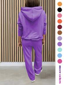 女士休闲两件套，纯色优雅长袖连帽卫衣（带抽绳口袋）搭配直筒抽绳长裤，春季套装 - 紫色 - 查看 2