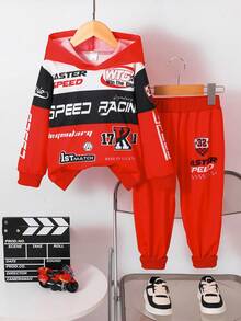 2 pezzi Set di felpa con cappuccio a maniche lunghe con stampa di elementi racing e lettere, abbigliamento sportivo e casual per attività all'aperto, per bambini dai 3 ai 7 anni, autunno/inverno