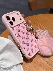 Old Money Style 1pc Matte Finish Phone Case Suitable For Women, Fluffy + Bluetooth Earphone Storage Pouch, Phone Protective Cover With Ring Holder & Keychain Plush Ball, Pink-Black, Compatible With IPhone 17/11/16/15/14/13/12/16 Pro Max, Phones - Pink - View 3