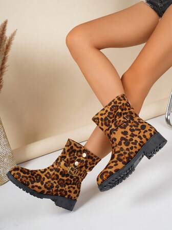 2025秋冬新款欧美跨境大码女粗跟时尚靴子休闲百搭豹纹踝靴