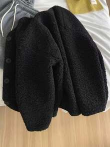 女式黑色泰迪仿皮毛纽扣前长袖开衫夹克，时尚外套，略有弹性