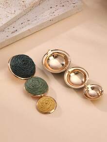 1 Pair Handmade Paper Yarn Woven Gradient Green Geometric Earrings, Stylish And High-End, Suitable For Vacation, Party And Daily Wear - Army Green - View 6