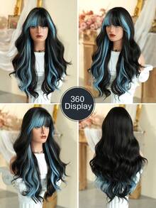 7JHH WIGS Long Wave Black & Blue Highlight Wigs For Women - Loose Fluffy Wavy Curly Wig With Bangs, Full Machine High Density Synthetic Heat Resistant Fiber Hair Purple Red Wigs For Daily Wear,Halloween Cosplay & Music Festival Party Use 26 Inch - 挑染藍色 - 查看 5
