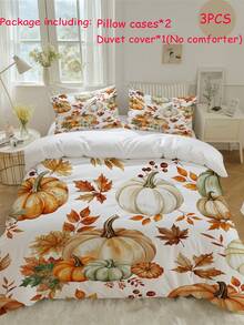 3pcs Watercolor Style Autumn Feast Print Duvet Cover Set (1*Duvet Cover + 2*Pillowcase, Without Core), Vintage Warm, Interwoven With Pumpkin And Autumn Leaves, Soothing Visual Fatigue, Suitable For All Seasons, Suitable For Hotel, Bedroom, Guest Room And Dormitory Decoration Bedding