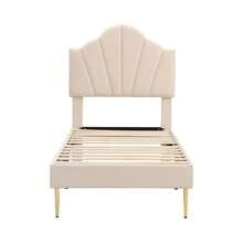 Samt, Polsterbett, 90*200 Cm, Muschelartiges Bett Mit Goldenen Eisenbeinen, Höhenverstellbares Kopfteil, Holzlattenrost, Mit Polsterbank, Bank Mit Stauraum, Beige - Beige + Velvet - View 9