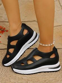 Chaussures confortables, sandales compensées grande taille de style européen et américain pour femmes, chaussures sexy et polyvalentes à bout fermé, aérées et antidérapantes, avec plateforme à semelle épaisse augmentant la hauteur, chaussures perforées