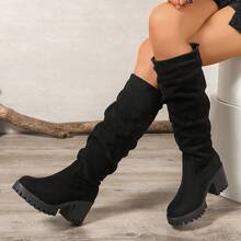 秋冬女士圆头粗跟仿麂皮褶皱黑色时尚长靴 - 高筒靴 - 坡跟厚底过膝长靴，复古风、休闲风、优雅风、通勤风、商务休闲风、派对风、性感风、西部风，可搭配紧身裤、休闲裤、打底裤、连衣裙。 - 黑色 - 查看 15