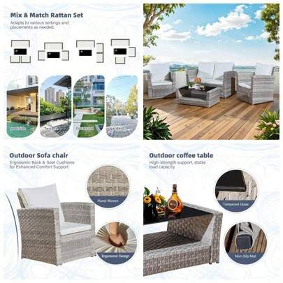4 - Piece Rattan Garden Furniture Set With Glass Coffee Table, Double Loveseat 2 Cushioned Chairs, Weather - Resistant Patio Sofa Set - Modern PE Wick