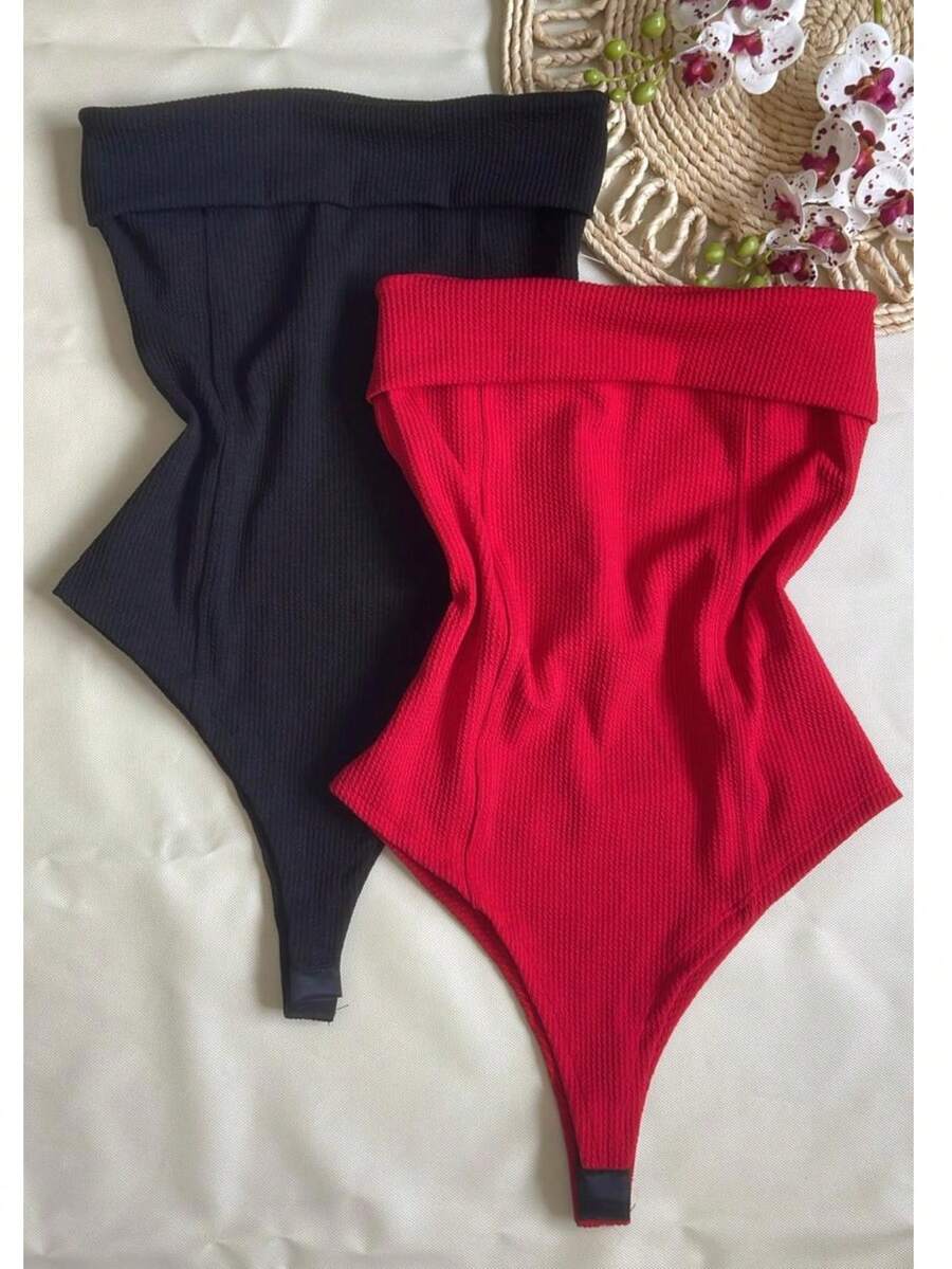 Kit Two (2) Women's Strapless Bodysuits Versatile Elegant Comfortable Spring Summer - Red Black - View 1