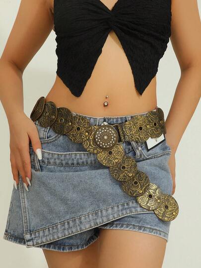 1 Stück Damen Patchwork Kontrast Farbig Vintage Western Boho Heavy Metal Nieten Schnalle Gürtel Dekoration Sexy Taille Raffung Kleid Accessoire, geeignet für den täglichen Gebrauch