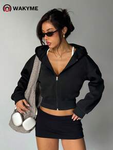 WAKYME Versatile Dark Grey Cinched Waist Sweatshirt For Women, Loose Casual Streetwear Round Neck Pullover Sweatshirt, Autumn/Winter - Black - View 1