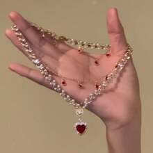 1 Piece Of Fashionable Luxury Inlaid Red Synthetic  Heart-Shaped Imitation Pearl Double-Layer Tassel Layered Women's Necklace Exquisite Light Luxury Elegant Party Banquet Collarbone Chain Women's Daily Clothing Matching Jewelry - vàng - Xem 2