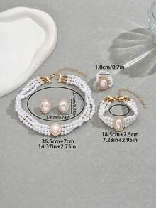 1 Set Barock Perlen Metall Anhänger Y-Kette Set, Vintage einzigartiger Metallstil, hochwertiges Halskette, Armband, Ring - Vintage, elegante flache Perlenkette, geeignet für Hochzeit, Party, Alltag, Urlaubsgeschenk für Frauen