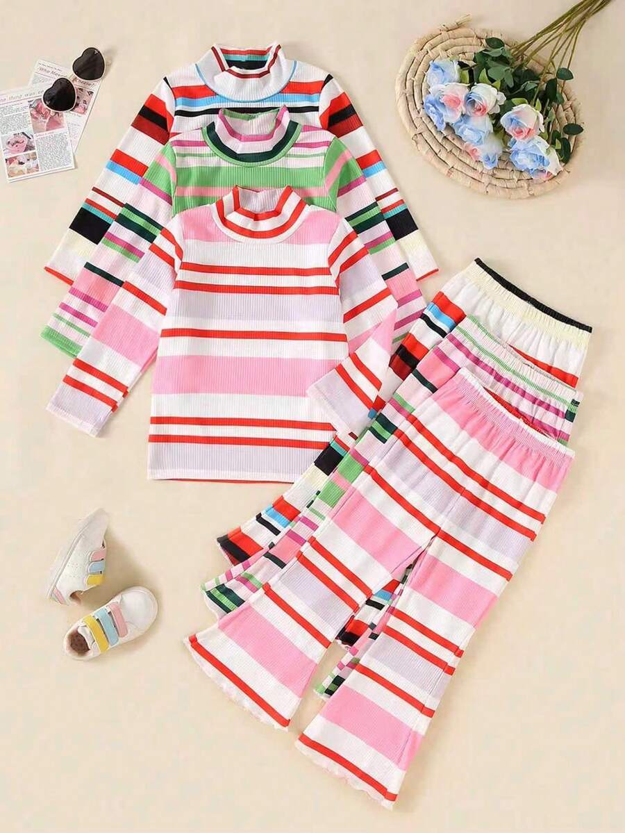 Conjunto de 6 peças de camiseta de manga comprida com estampa listrada casual para meninas e calças largas com estampa listrada para atividades ao ar livre, outono/inverno