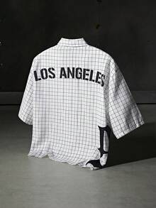 男士宽松字母格纹印花短袖梭织白衬衫，街头潮流必备，Emo 风格 - 白色 - 查看 2