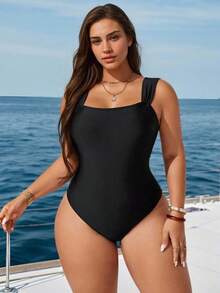 Swim Chiccia 大码女式纯色休闲吊带连体泳衣大码连体泳衣全覆盖泳衣适合夏季海滩度假 - 黑色 - 查看 5