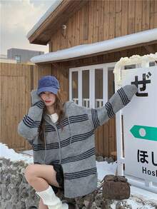 宽松休闲条纹连帽针织开衫 - 灰色 - 查看 1