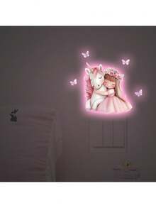 BRUP 1张夜光开关贴纸，儿童房墙贴，独角兽和女孩梦幻夜灯贴纸，自粘可移除婴儿房墙贴，粉色蝴蝶装饰，适合粉色女孩房，生日礼物创意，万圣节圣诞节礼物 - 粉色 - 查看 7