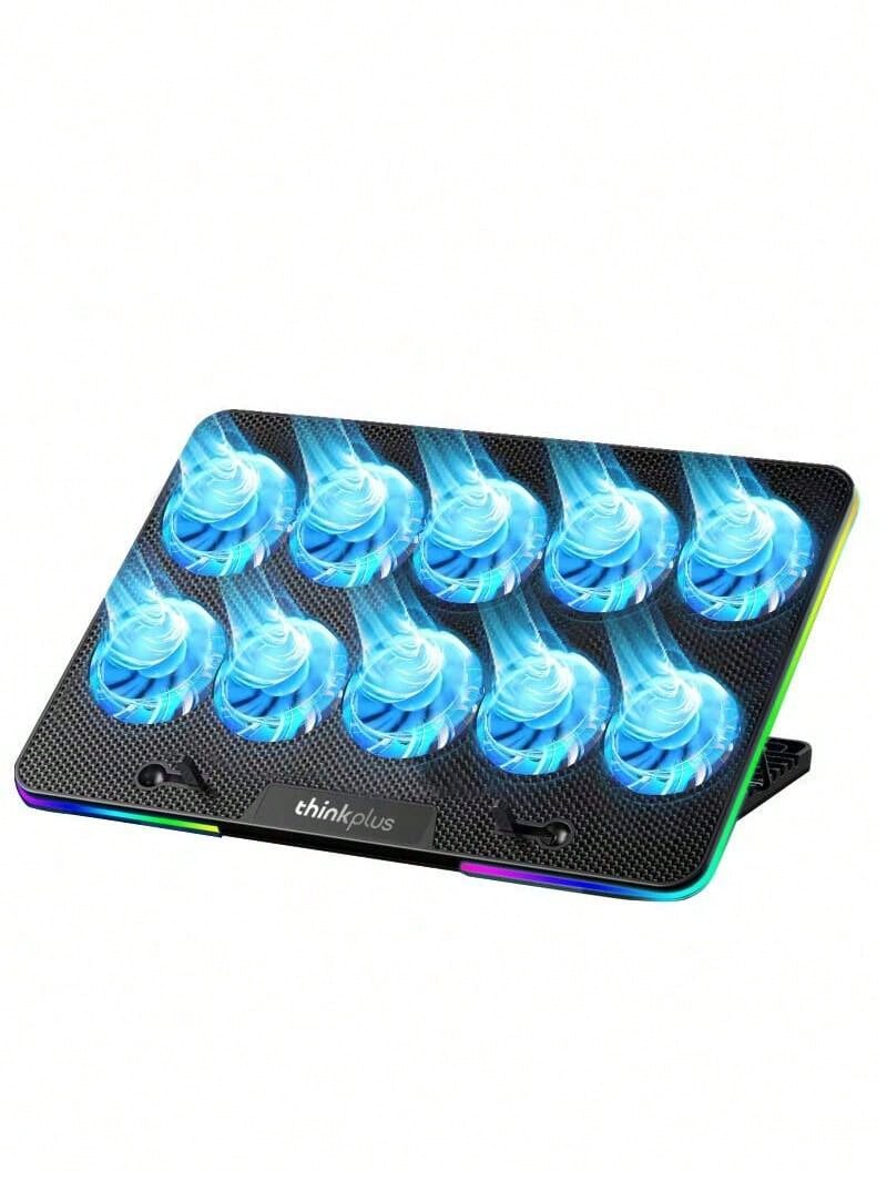 Lenovo ZJA9 游戏散热支架，多色柔和灯光效果，双涡轮散热技术，防滑硅胶设计，360° 可调节，适用于游戏和办公，黑色 - 黑色 - 查看 1