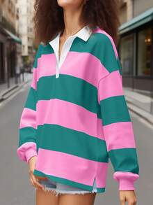 Y2k Women Striped Rugby Polo Shirt Long Sleeve Collared Oversized Vneck Sweatshirt Vintage Jersey Girls Streetwear - 彩色 - 查看 2