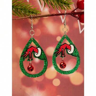 1 Pair Of Christmas Green Headed Monster Glitter Pink Bell Pendant, Droplet Shaped Acrylic Earrings, Christmas Cartoon Earrings