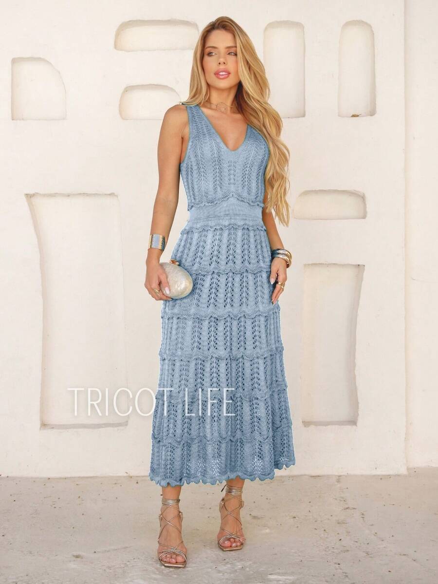 Women's Midi Dress Knit Summer Crochet Ruffles Party Beach Elegant - 淺藍色 - 查看 1