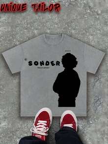 Unique Tailor - (230g Pure Cotton) Men's Retro Pink Text "SONDER" Figure Thinking Pattern Printed T-Shirt, Soft Washed Cotton Round Neck Top, Suitable For Casual - Machine Washed Daily Summer Essentials, Outdoor Clothing, Retro Style, Breathable Fabric, Short Sleeved T-Shirt, Y2K Style - Xám - Xem 2