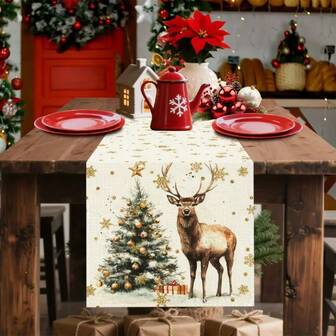 1-Piece Linen Christmas Themed Table Runner With Reindeer And Christmas Tree Design, Adorned With Metal Decorative Balls And Stars, Durable Polyester Rectangular Tablecloth, Christmas Decorations, Suitable For Rural Holiday Decoration, With Various Sizes To Choose From, Suitable For Dining Tables, Kitchen Gatherings, Indoor Homes, Holiday Dining Decorations, And Holiday Themes, Christmas Decor Home, It Is An Ideal Choice As A Christmas Gift.