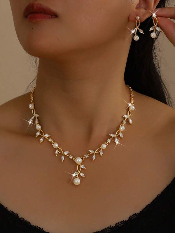 Flower & Pearl Necklace Earrings Jewelry Set, Elegant Bridal Accessories For Wedding Season