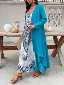 2pcs Set:  Floral Print V-Neck Spaghetti Strap Dress And Long Cover Up For Women